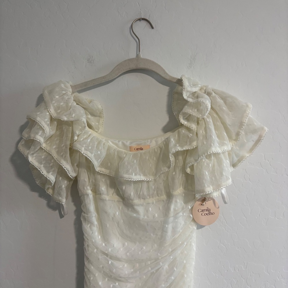 Camila Coelho Eva White Ruched Mini Dress Ruffle‎ Sleeve  Mesh Small NEW - Picture 4 of 8
